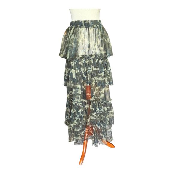 Camouflage Sheer Maxi Tiered Skirt Y2K Elastic Waist Statement Mesh Layered L - Picture 1 of 4